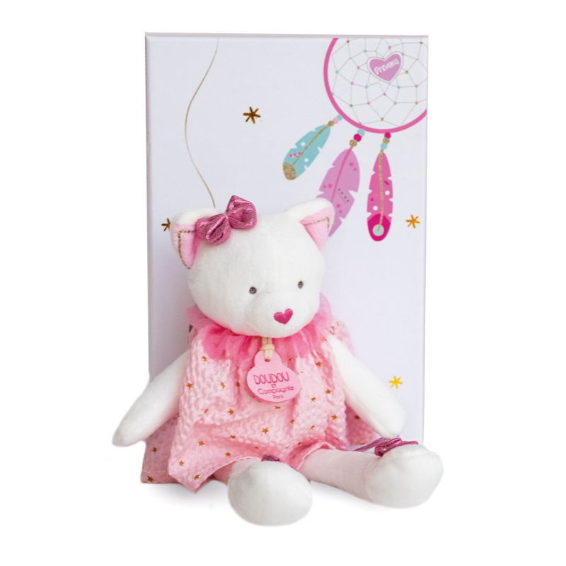  - attrape-rêve peluche chat rose blanc 20 cm 